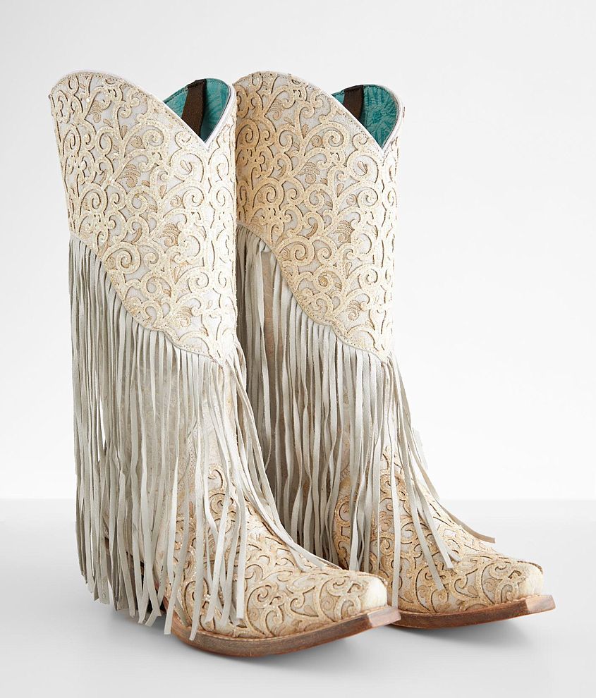 White Lamb Overlay Embroidery Fringe Boots by Corral