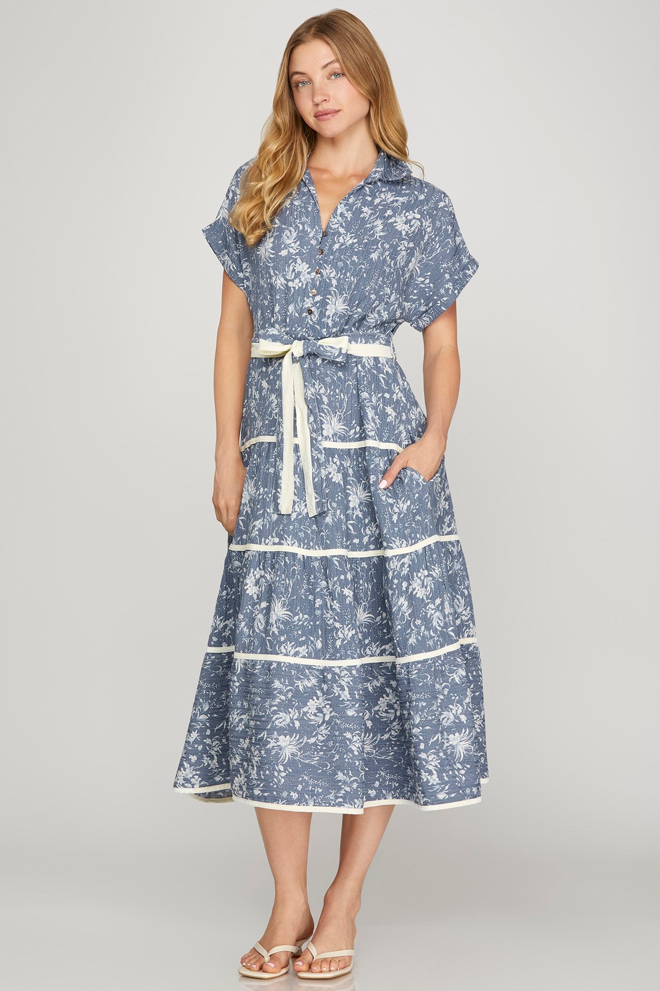 Blue Floral Contrast Trim Midi Dress