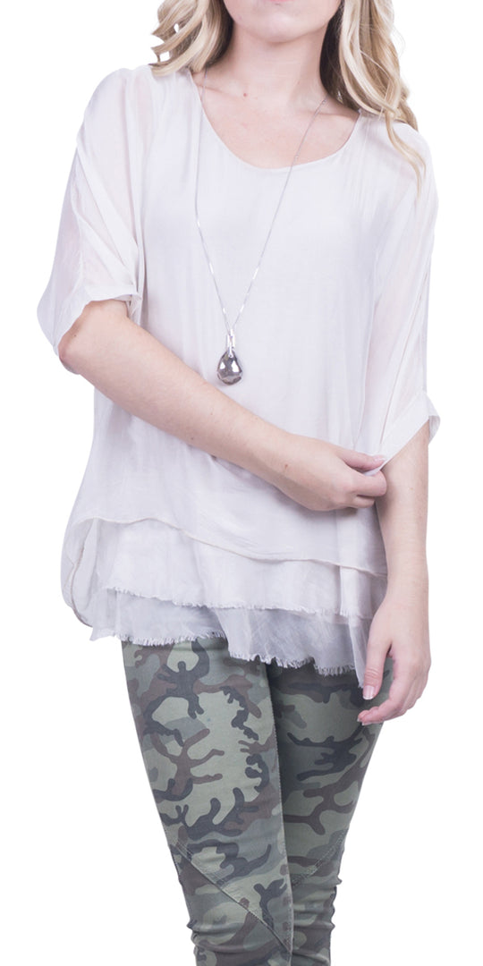 Washable Silk Top w/ Frayed Hem/Cream
