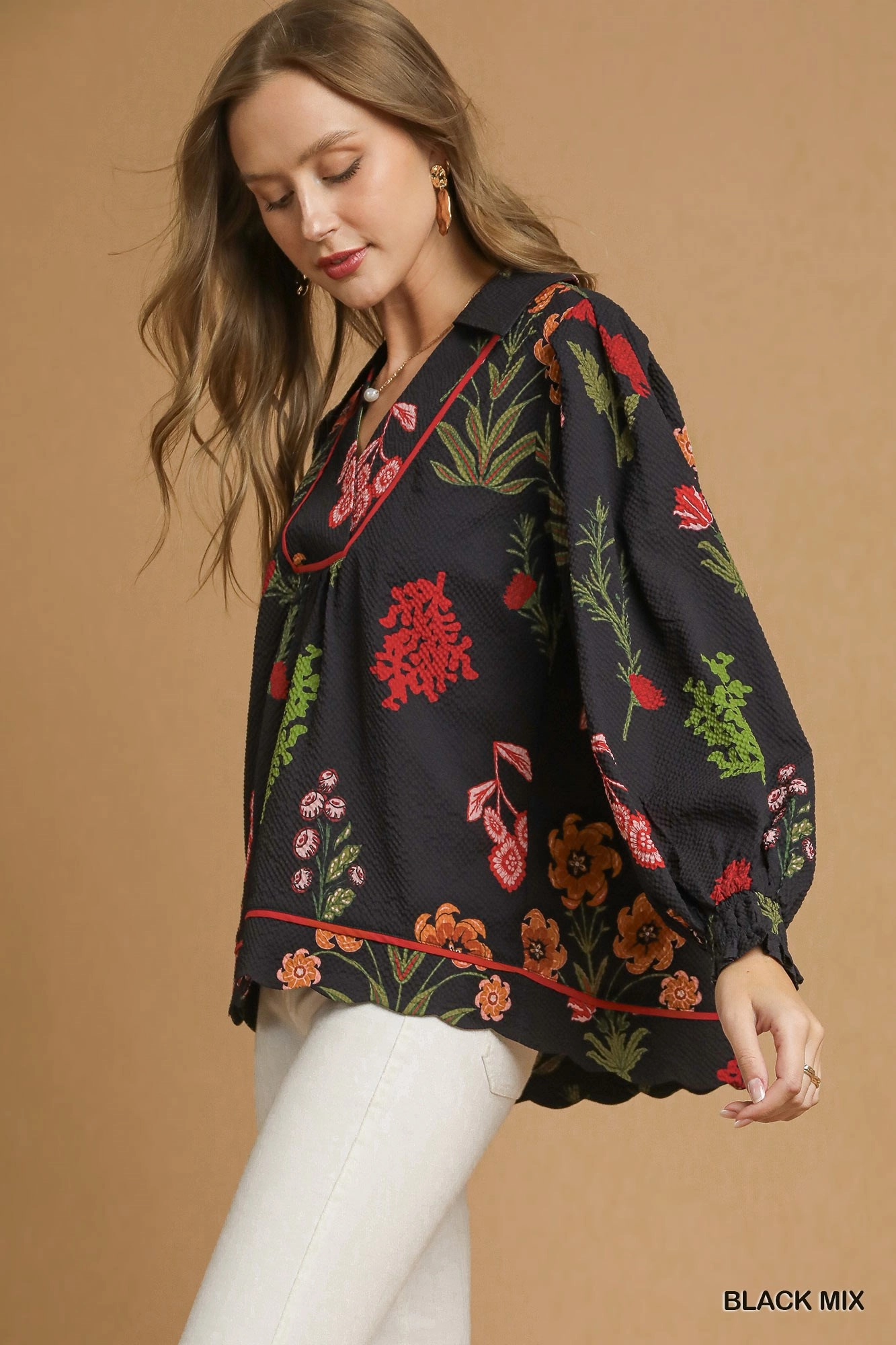 Black Floral Mix Textured Top