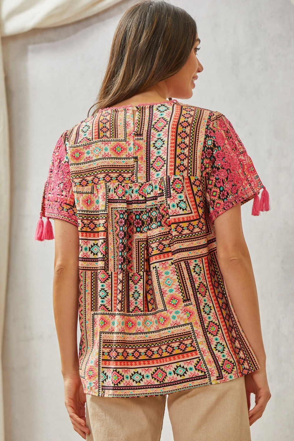 Soft Shades Aztec Print Embroidered Top