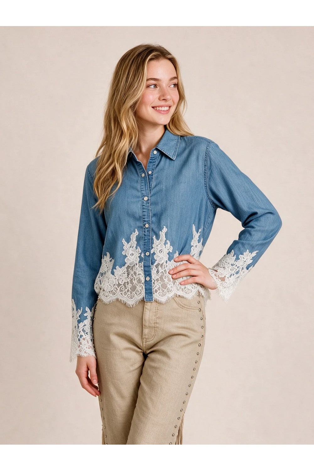 Lace & Chambray Button-Down Shirt 🤍