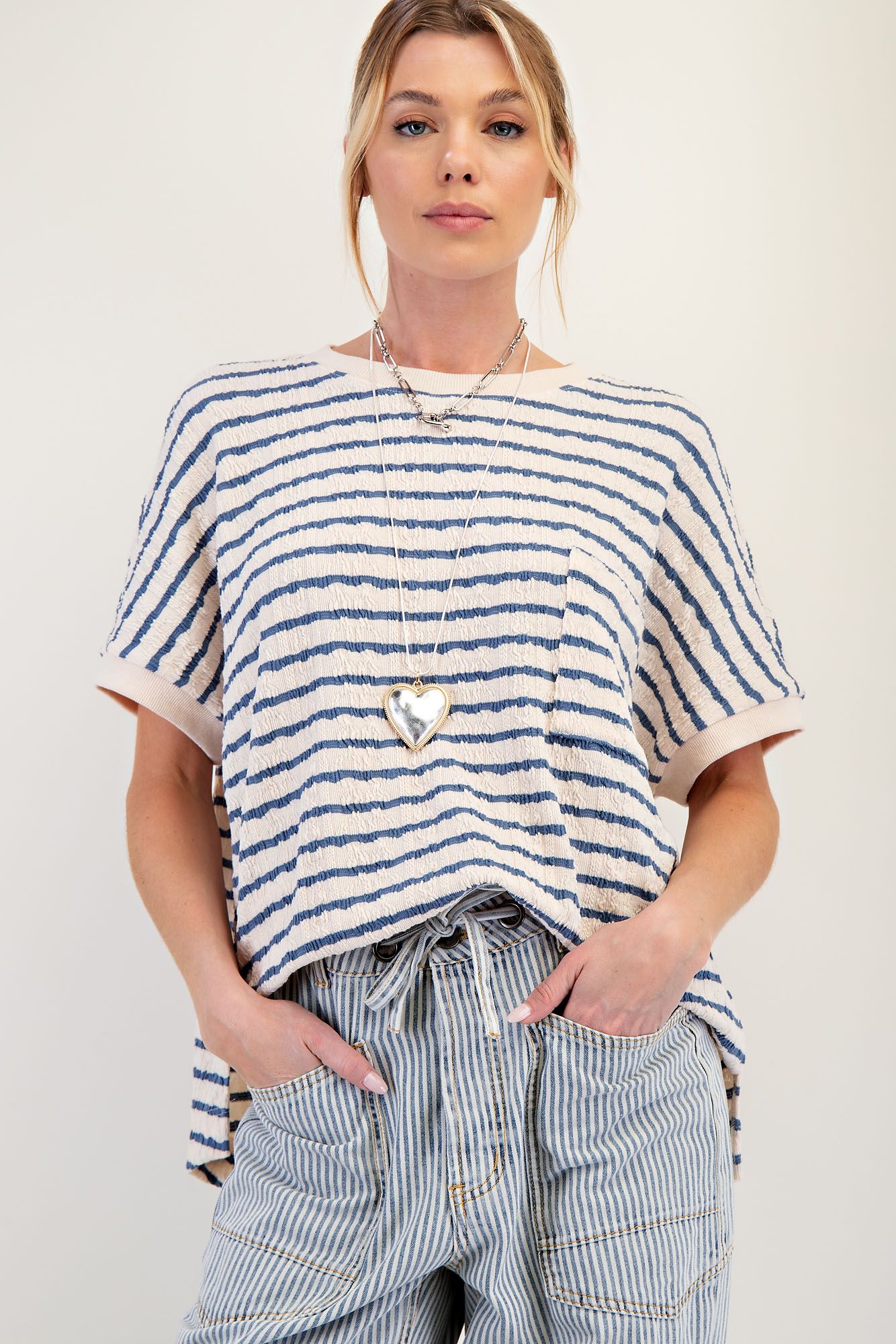 Cream w/ Denim Textured Stripe Knit Tee