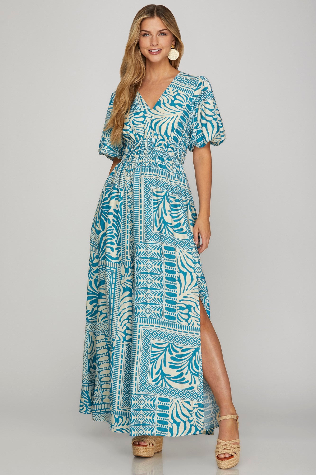 Turquoise & Cream Puff Sleeve Maxi Dress
