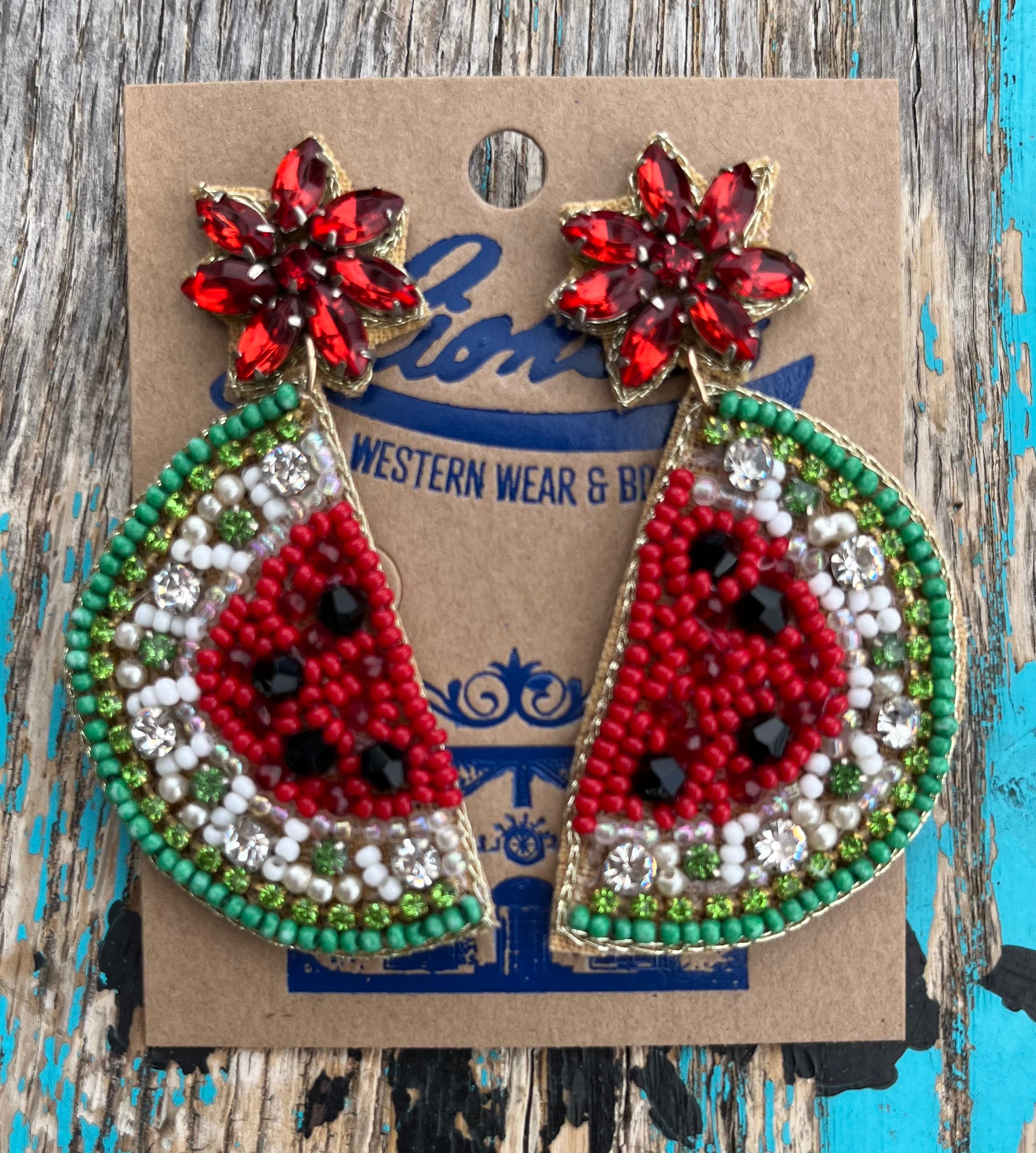 Watermelon Beaded w Crystals Earrings