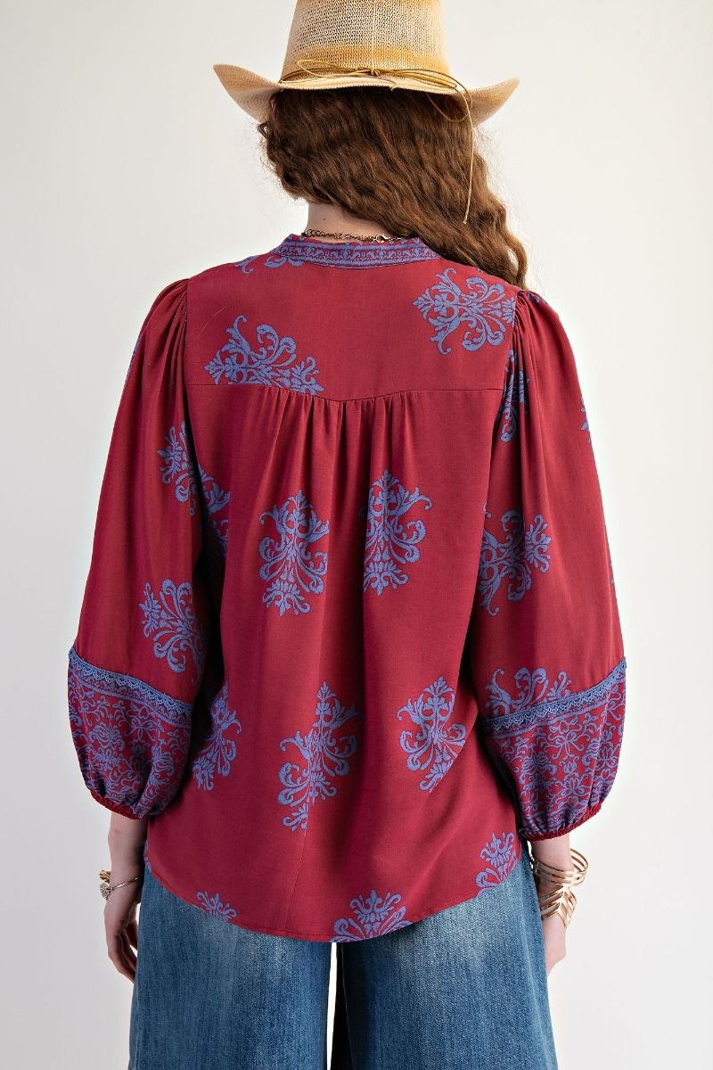 Wine Boho Breeze Crochet Trim Blouse