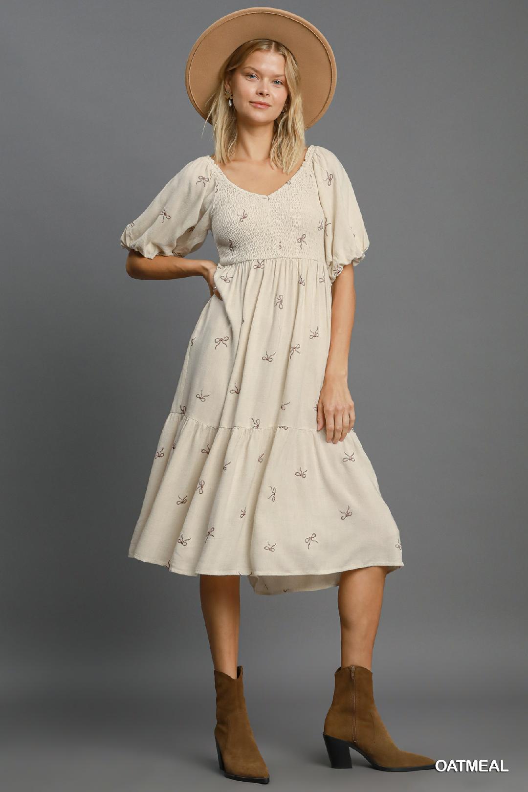 Oatmeal Linen Blend Tiered Ribbon Embroidered Dress