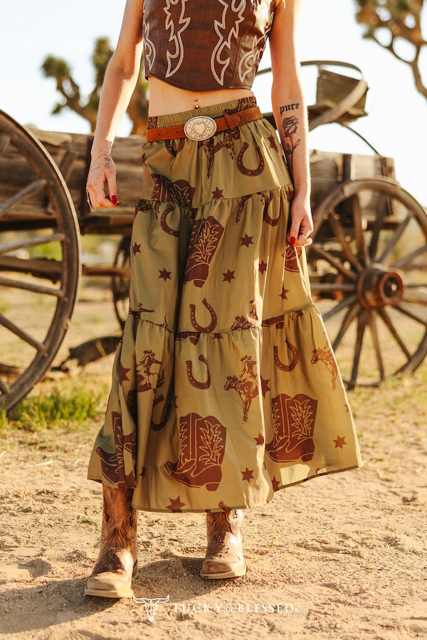 Western Rodeo Print Tiered Maxi Skirt-Olive