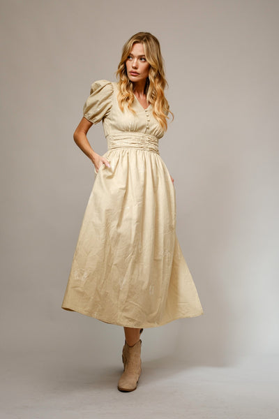 Western Elegance Puff Sleeve Midi Dress Small