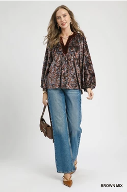 Chocolate Brown & Blue Velvet Jacquard Top