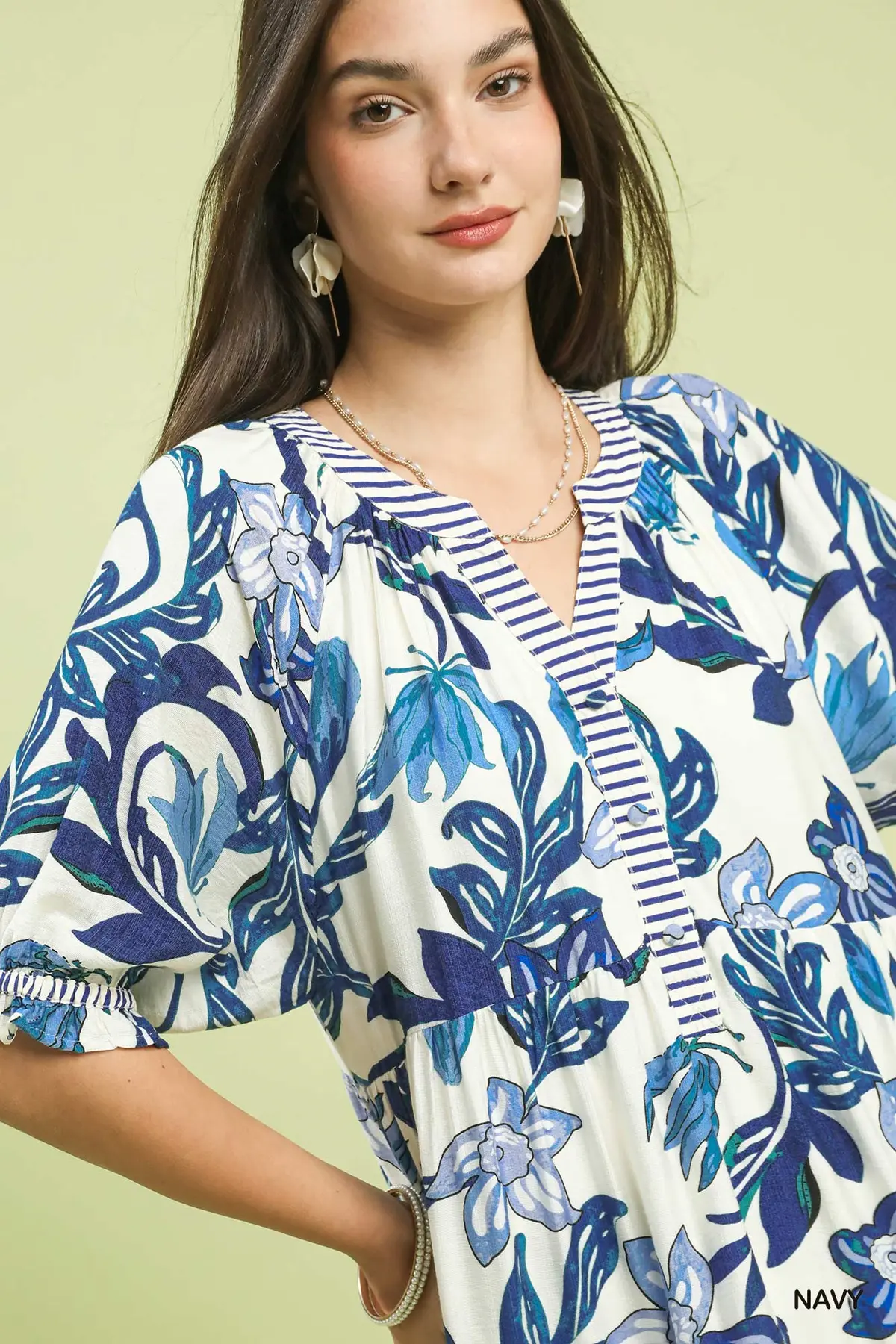 Navy Tropical Floral Tiered Midi Dress