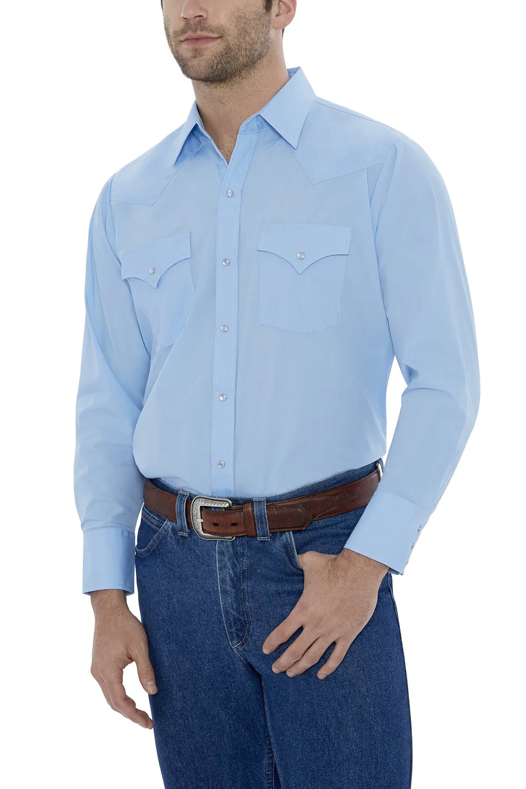 Men's Ely Cattleman Blue Long Sleeve Solid Western Snap Shirt