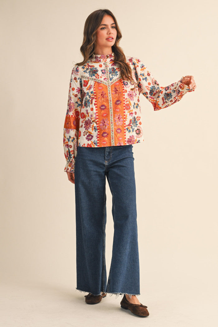 Fall Floral Ruffle Neck Blouse