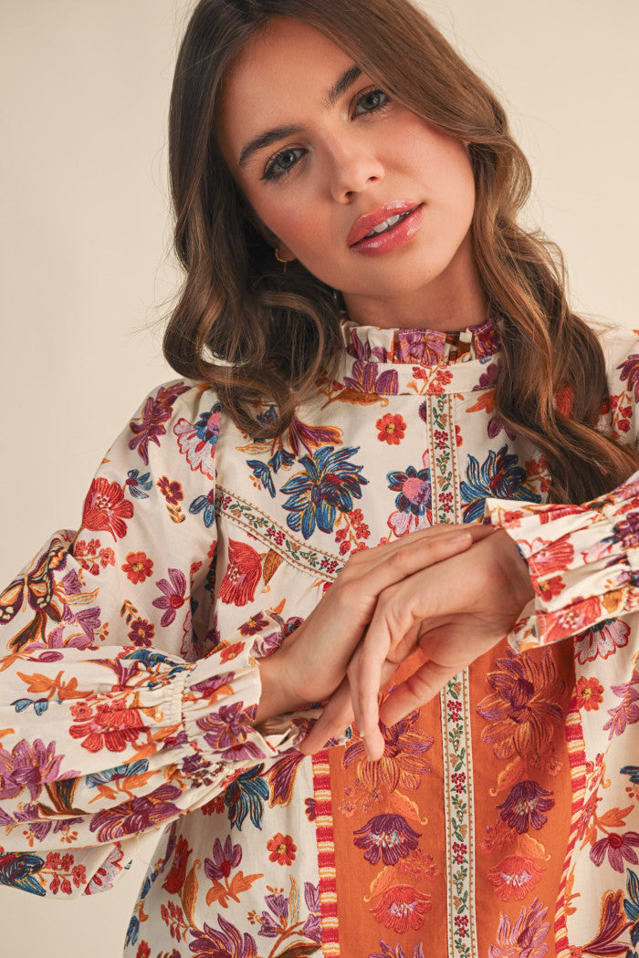 Fall Floral Ruffle Neck Blouse