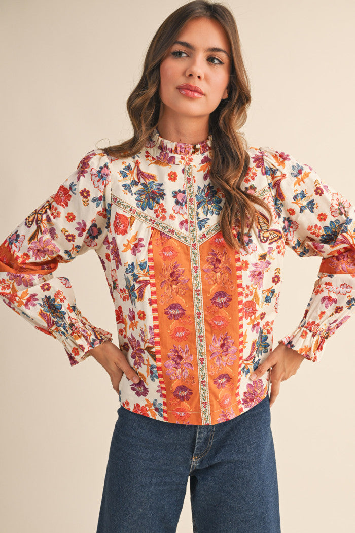 Fall Floral Ruffle Neck Blouse