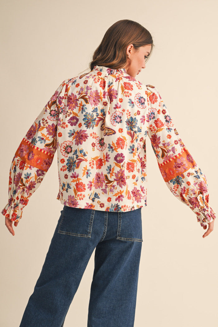 Fall Floral Ruffle Neck Blouse