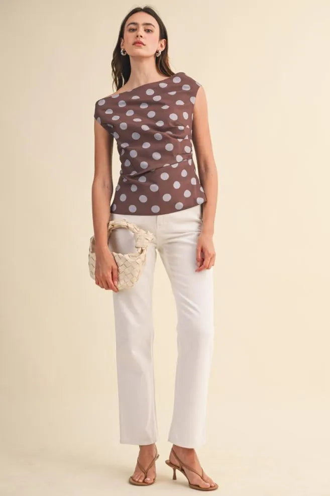 Mocha Dot Draped Shoulder Top