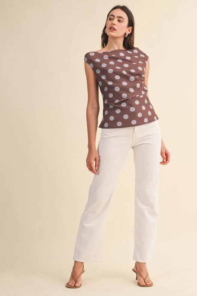 Mocha Dot Draped Shoulder Top