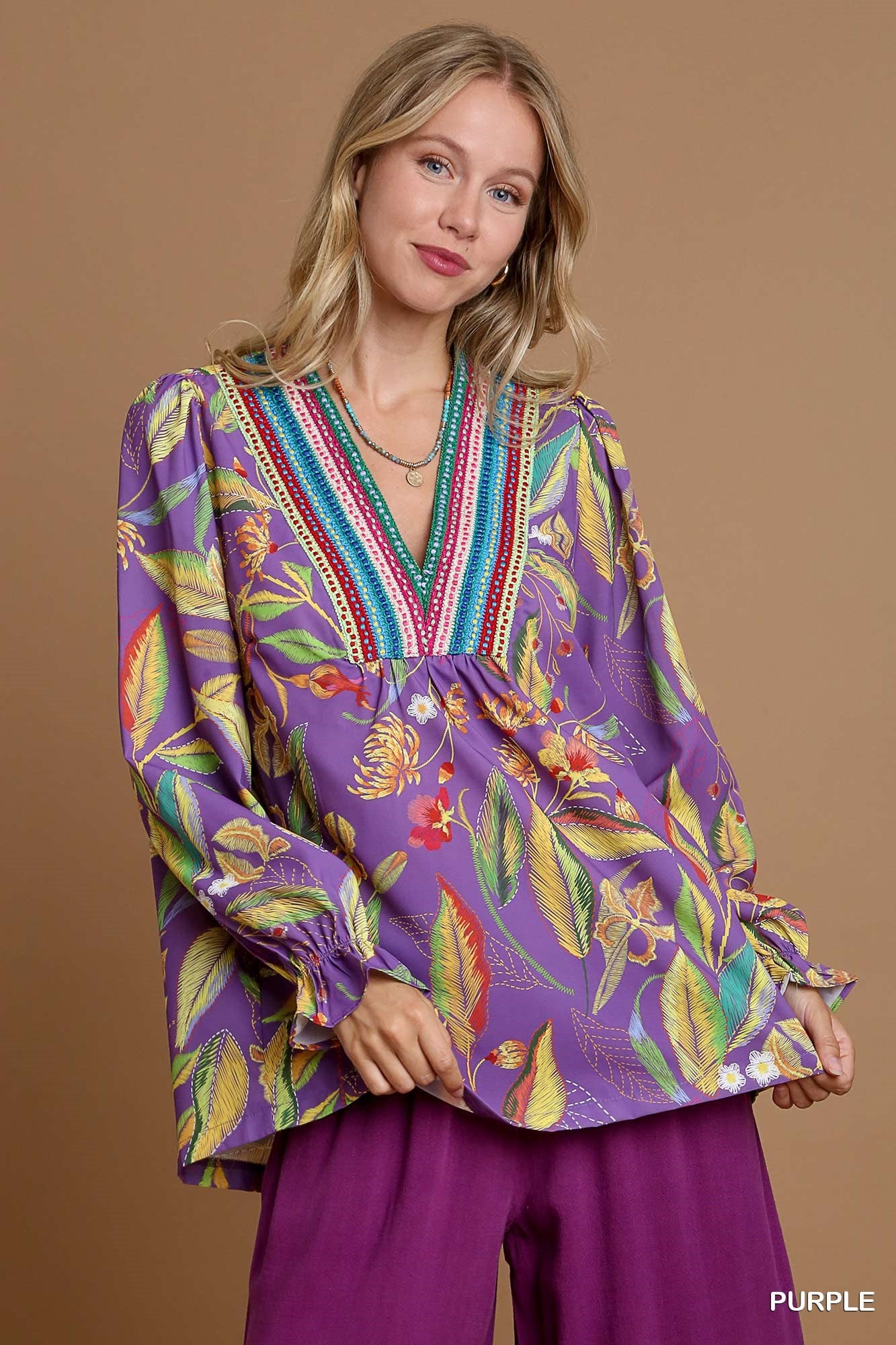 Floral Print Blouse with Embroidery Trim Detail