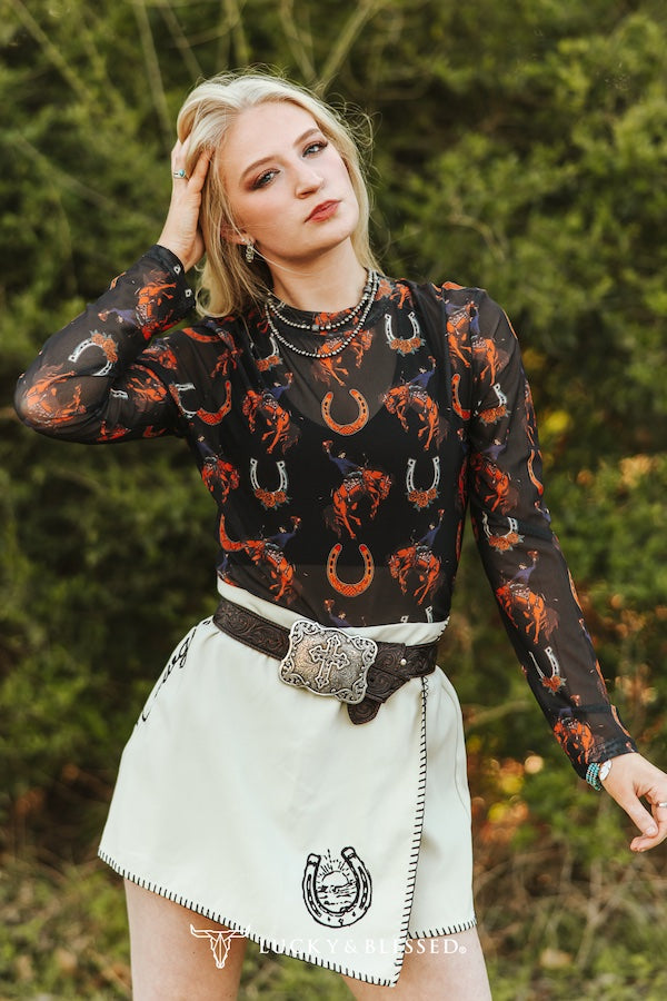 Ivory Cowgirl Embroidered High Waisted Skort