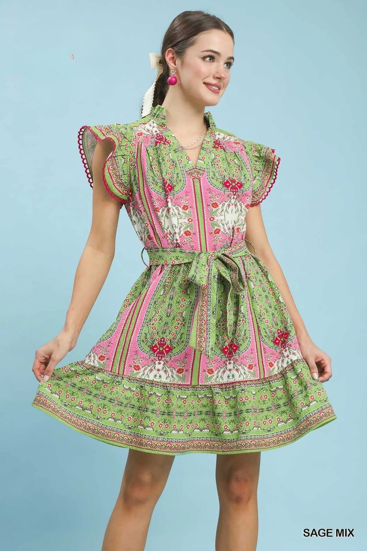Sage Mix Print Ruffle Sleeve Dress