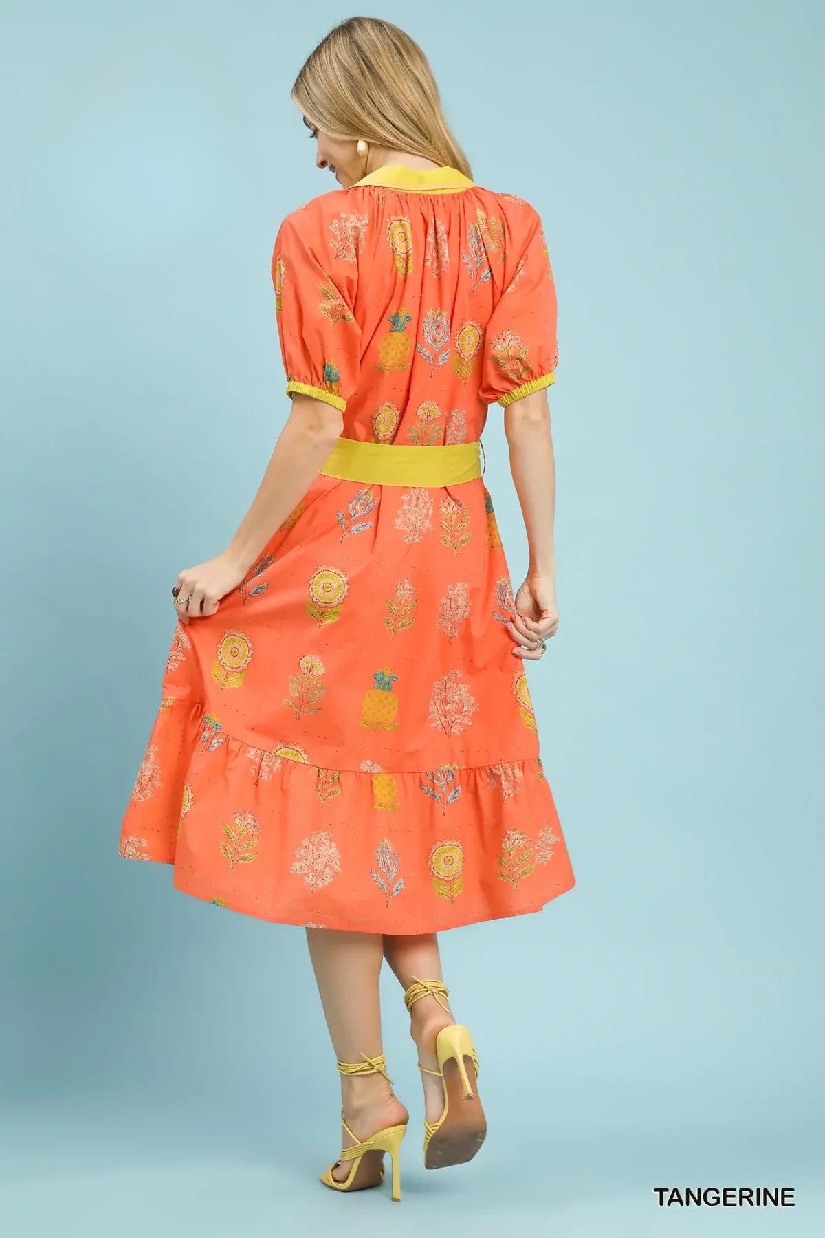 Tangerine Printed Button-Front Midi Dress with Sash