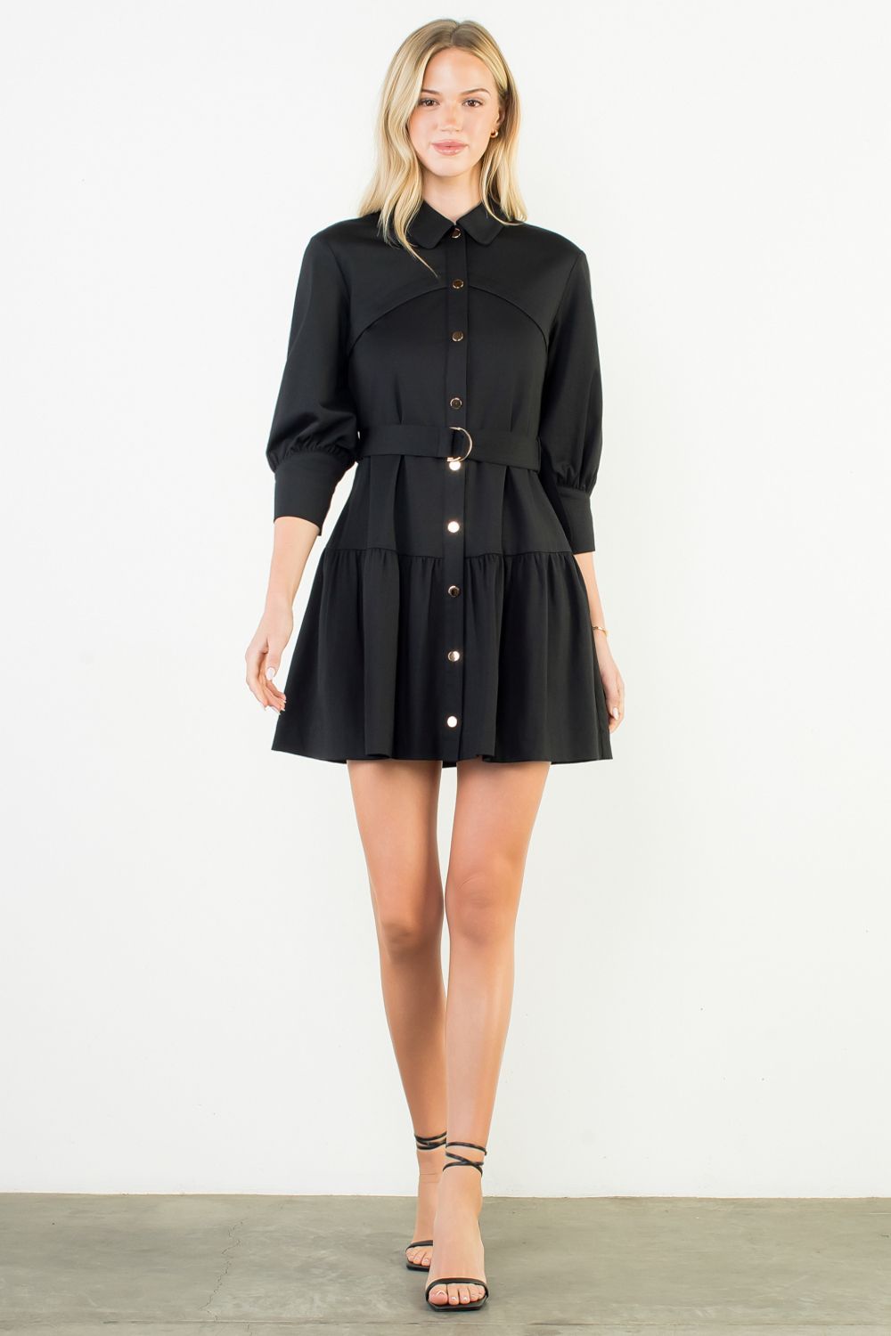 Classic Button-Down Belted Mini Dress – Black