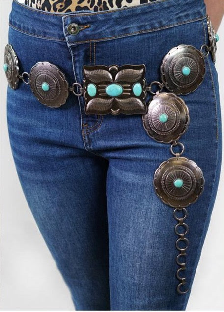 Vintage Silver Chain Belt w/ Turquoise Conchos