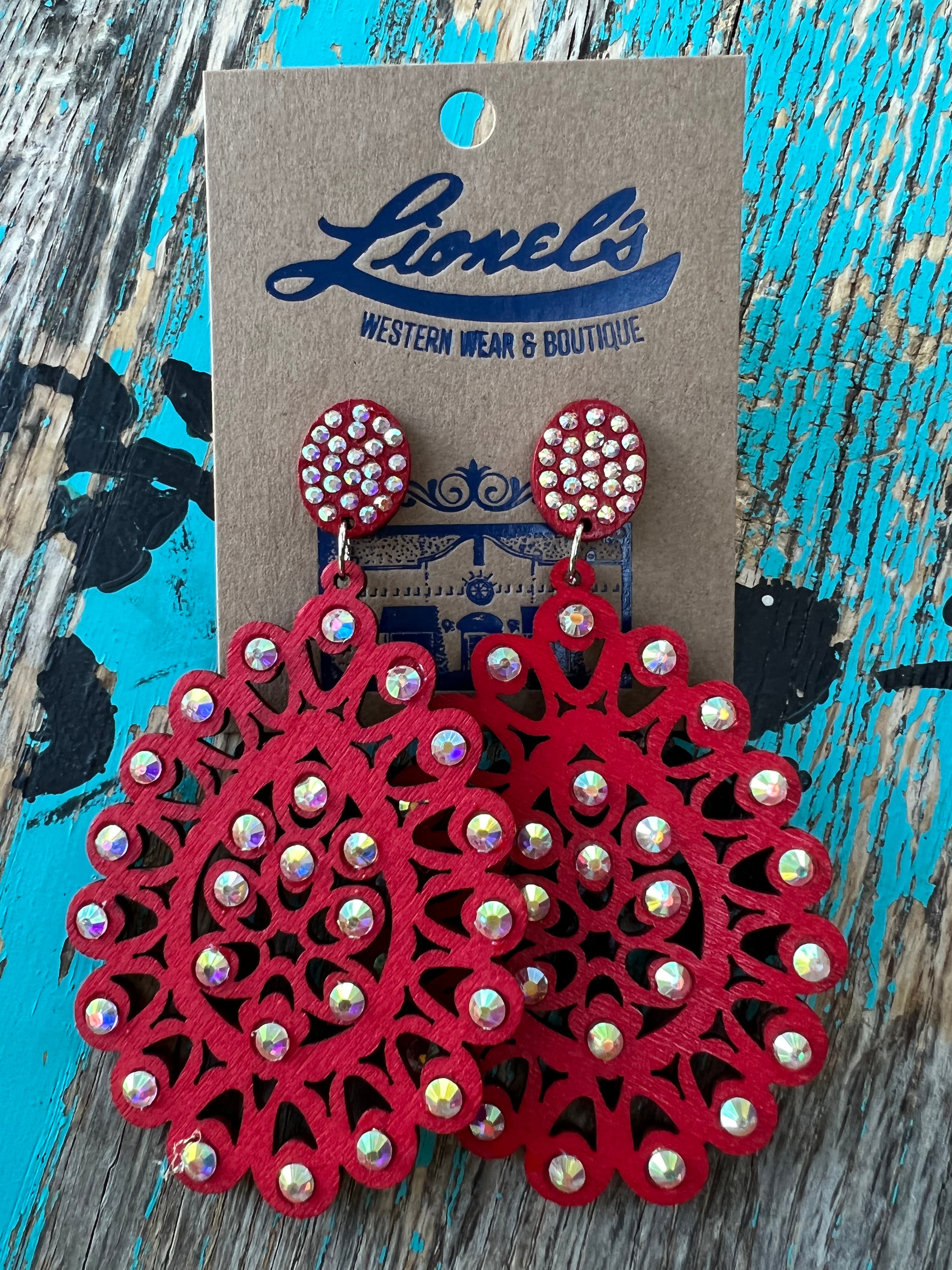 Red Wooden Laser Cut Earrings w/ AB Crystals