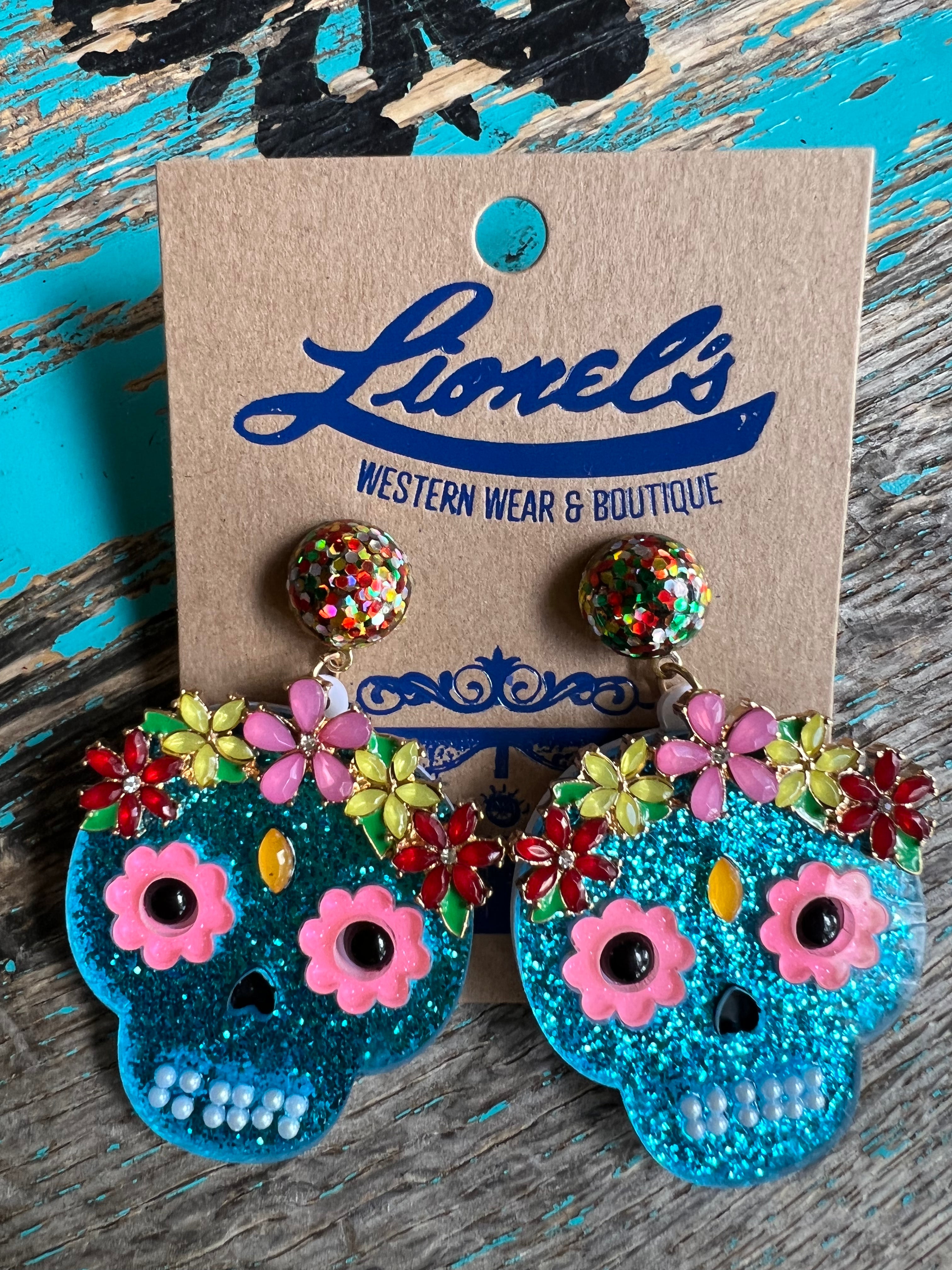 Turquoise Sugar Skull Dangle Earrings