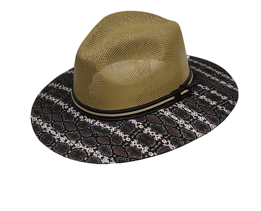 Beige Canvas Panama Hat w/ Snake Print Brim