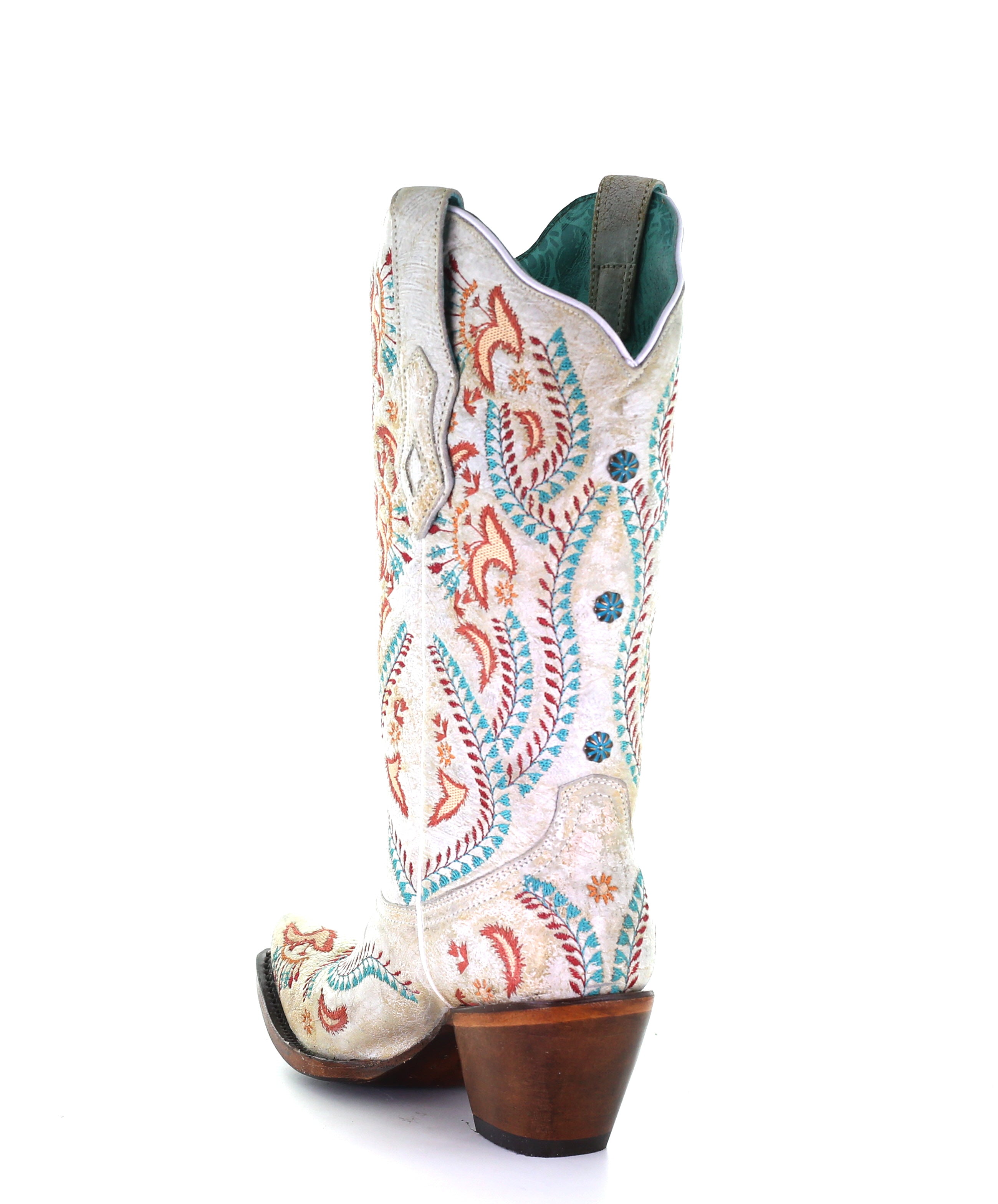 Ladies Distressed Ivory Boots w/ Turquoise & Rust Embroidery & Studs