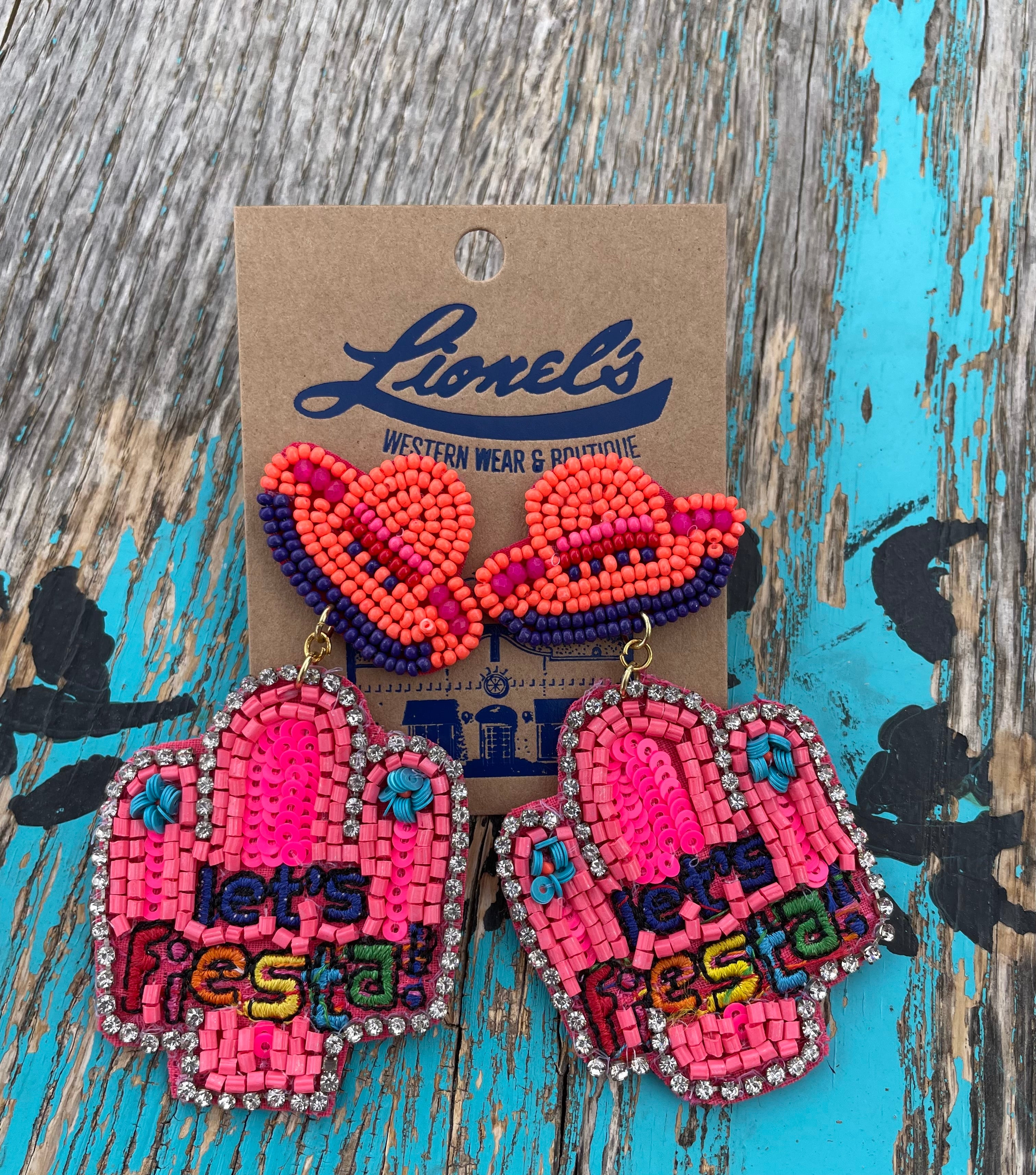 Let's Fiesta Hot Pink/Orange Beaded Cactus Earrings
