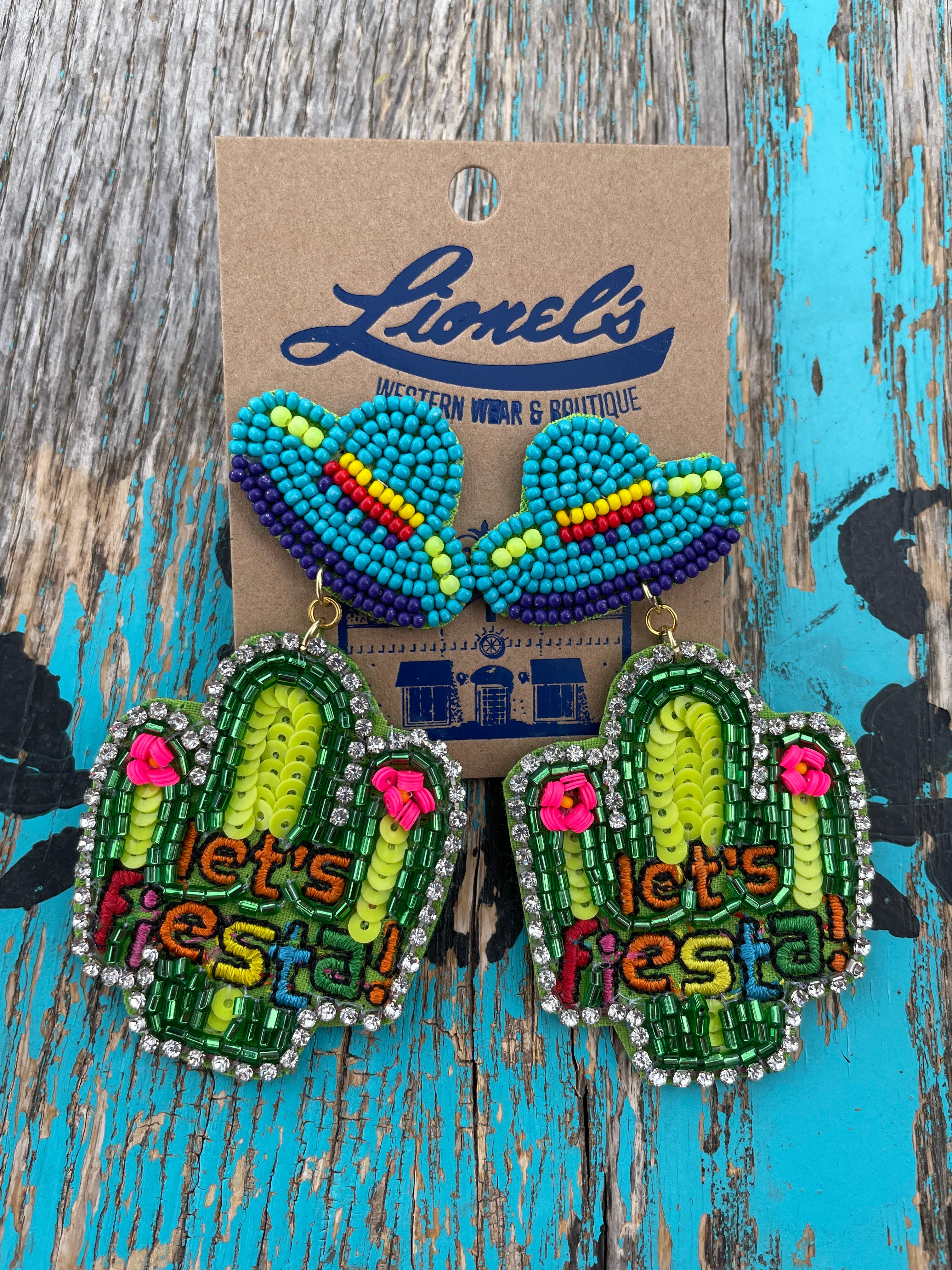 Let's Fiesta Lime & Turquoise Beaded Cactus Earrings