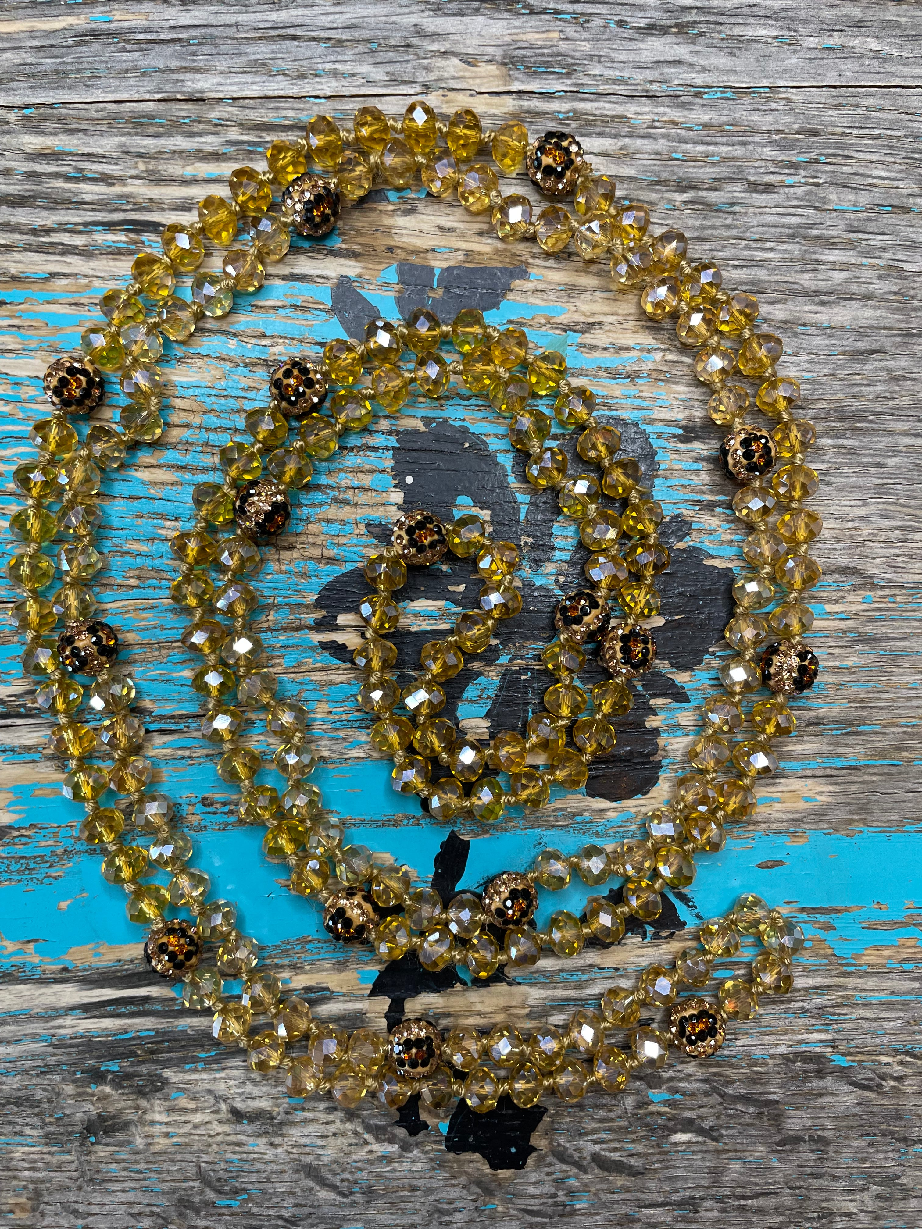 60" Hand Knotted GOLD Bead Necklace w/ Leopard Crystal Beads