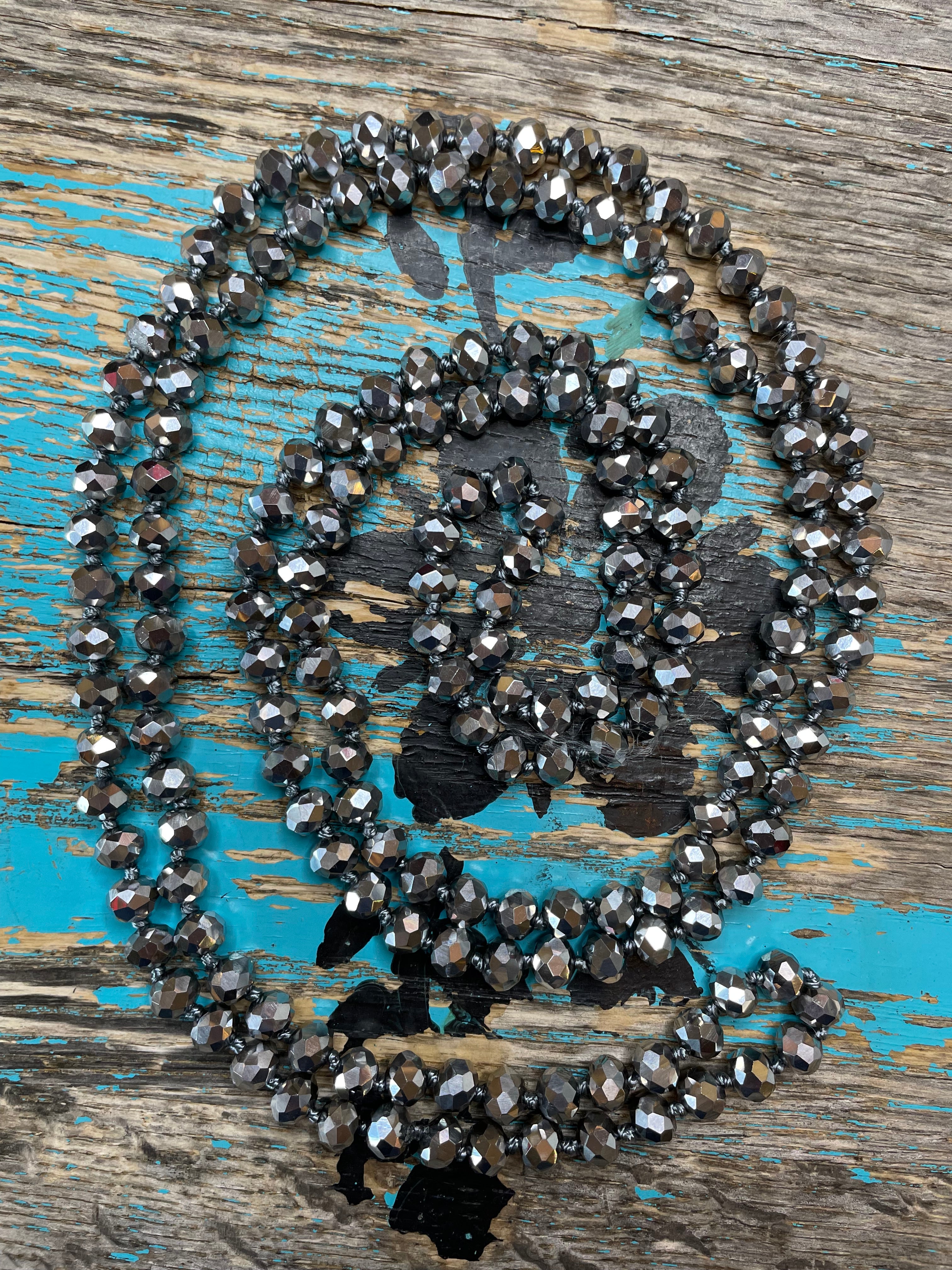 60" Hand Knotted PLATINUM Bead Necklace