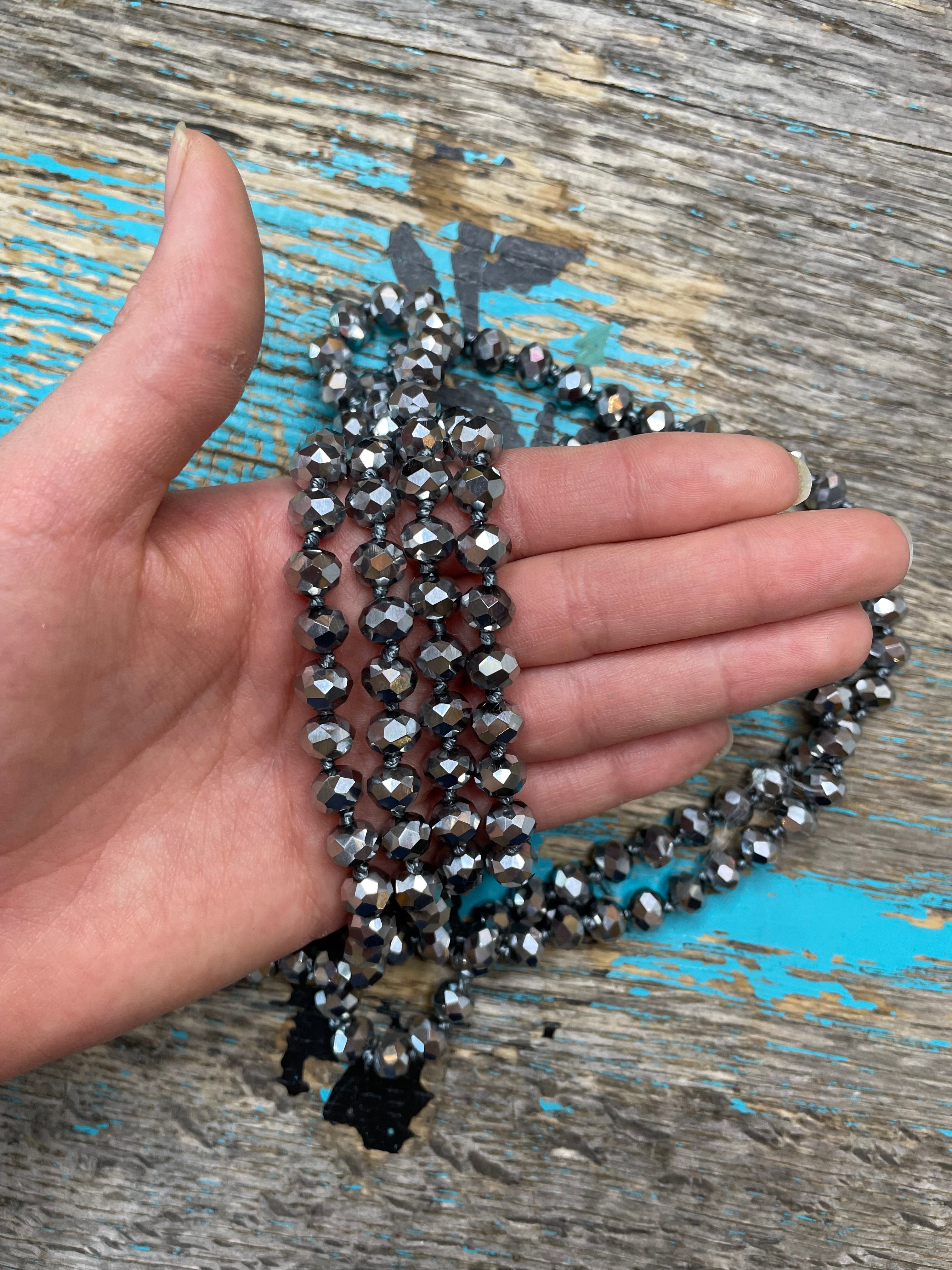 60" Hand Knotted PLATINUM Bead Necklace