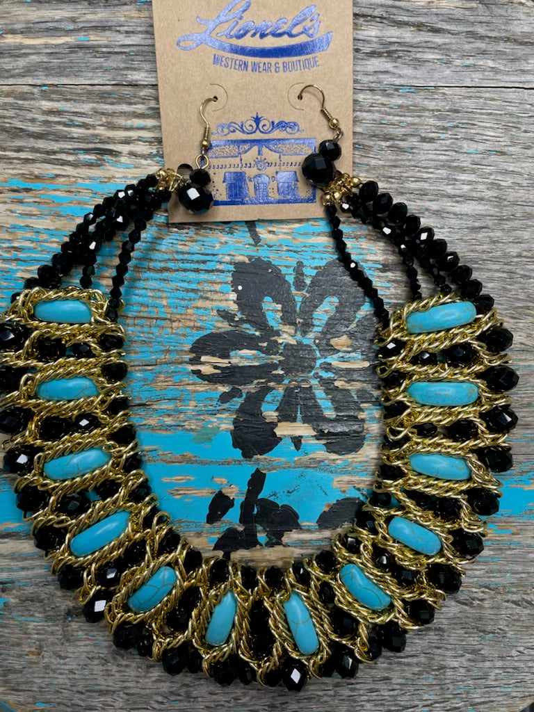 Choker Style Turq/Gold/Black Necklace & Earrings