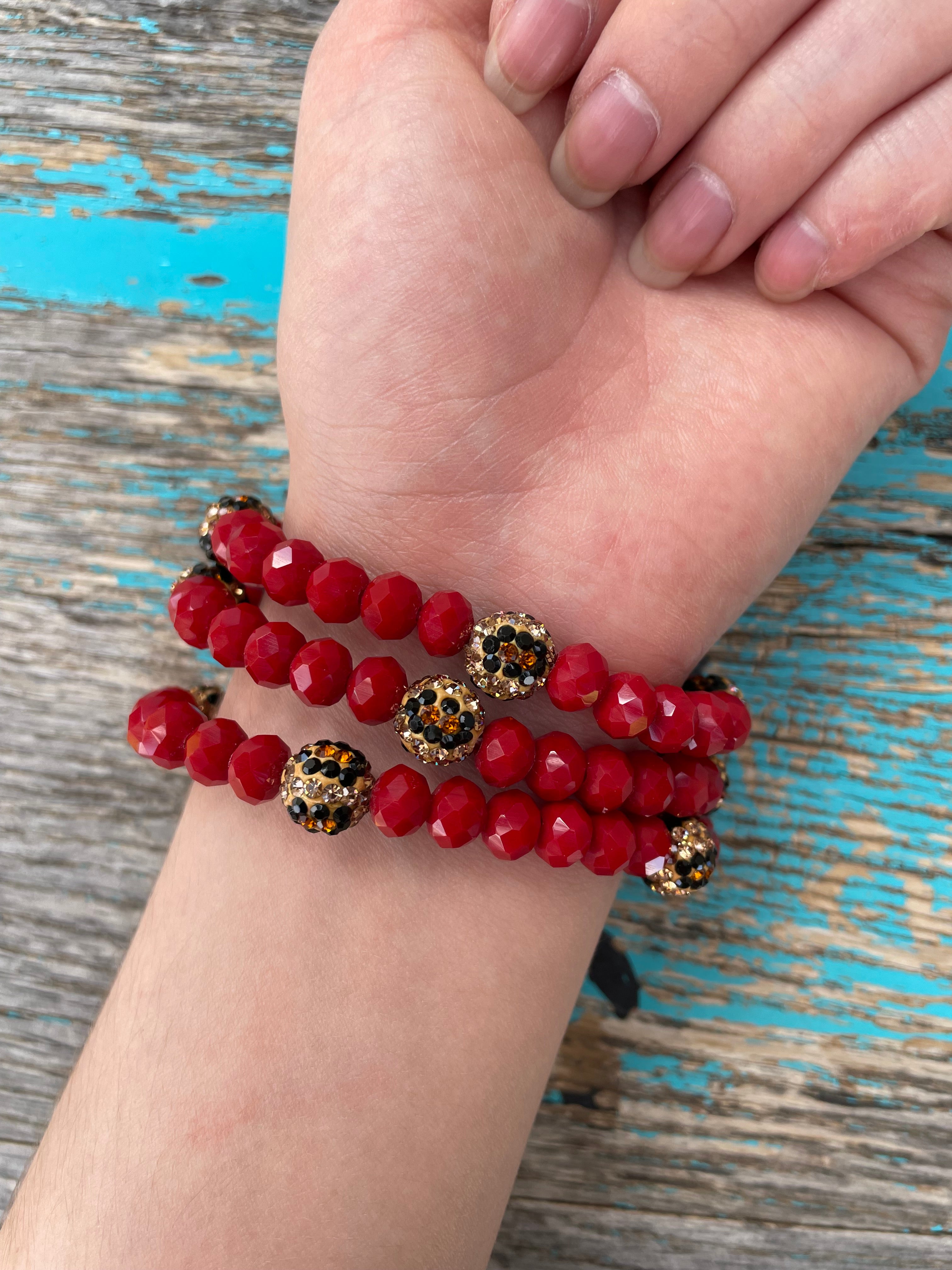 Triple Strand Bead Bracelets/Deep Red/Leopard