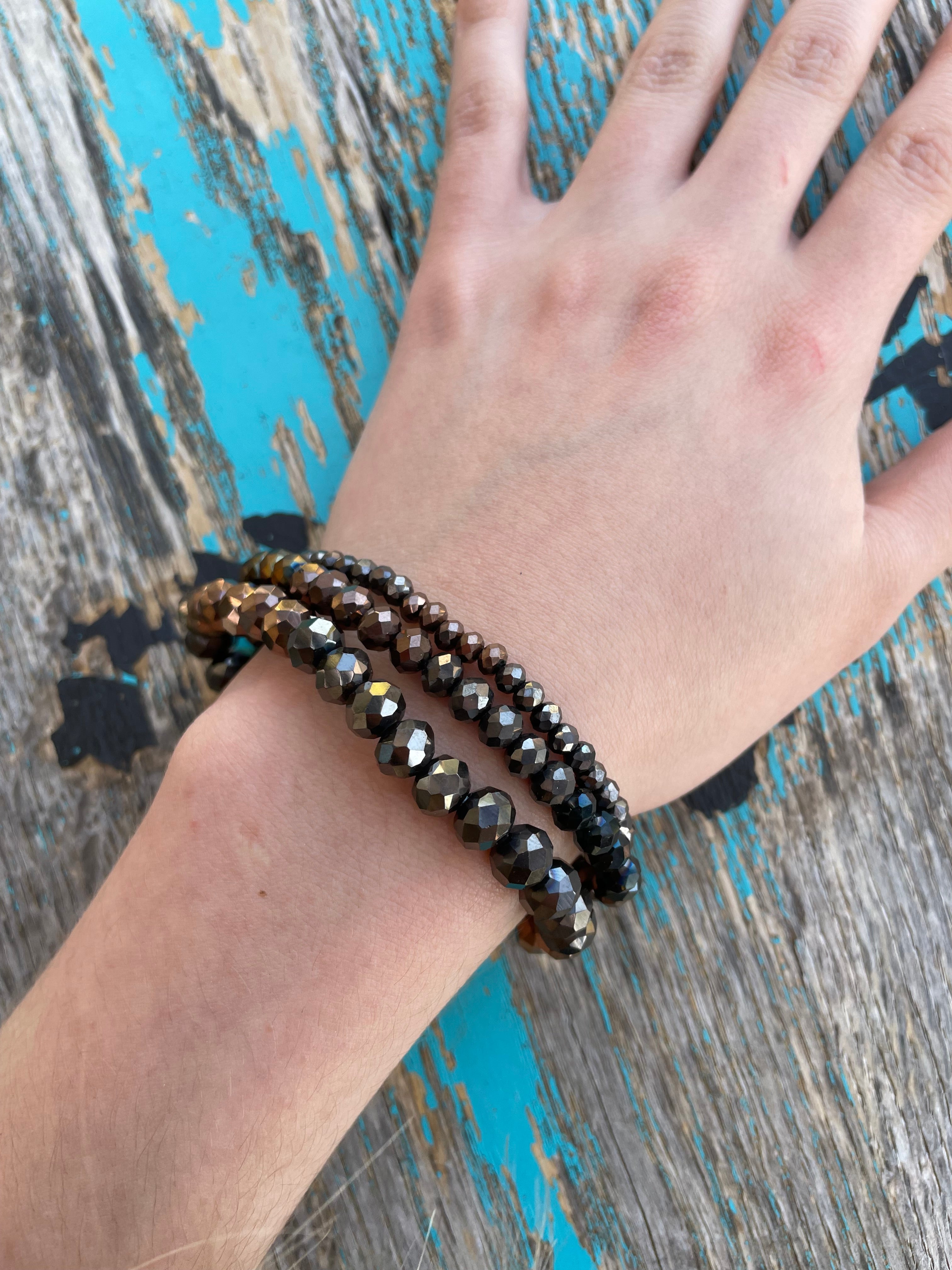 Triple Strand Bead Bracelet/Iridescent Multi Dark
