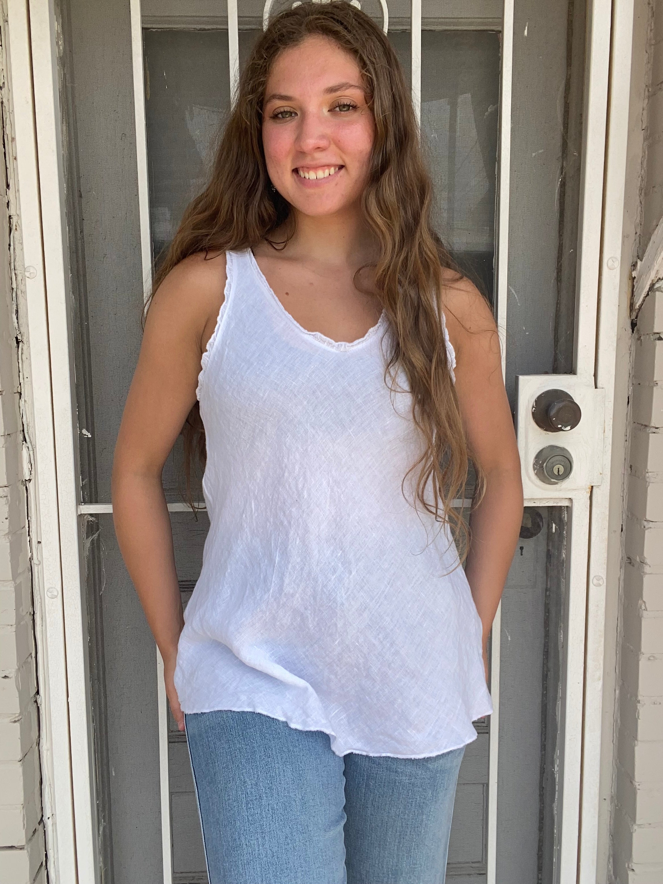 WHITE Ruffled V-Neck Linen Tank