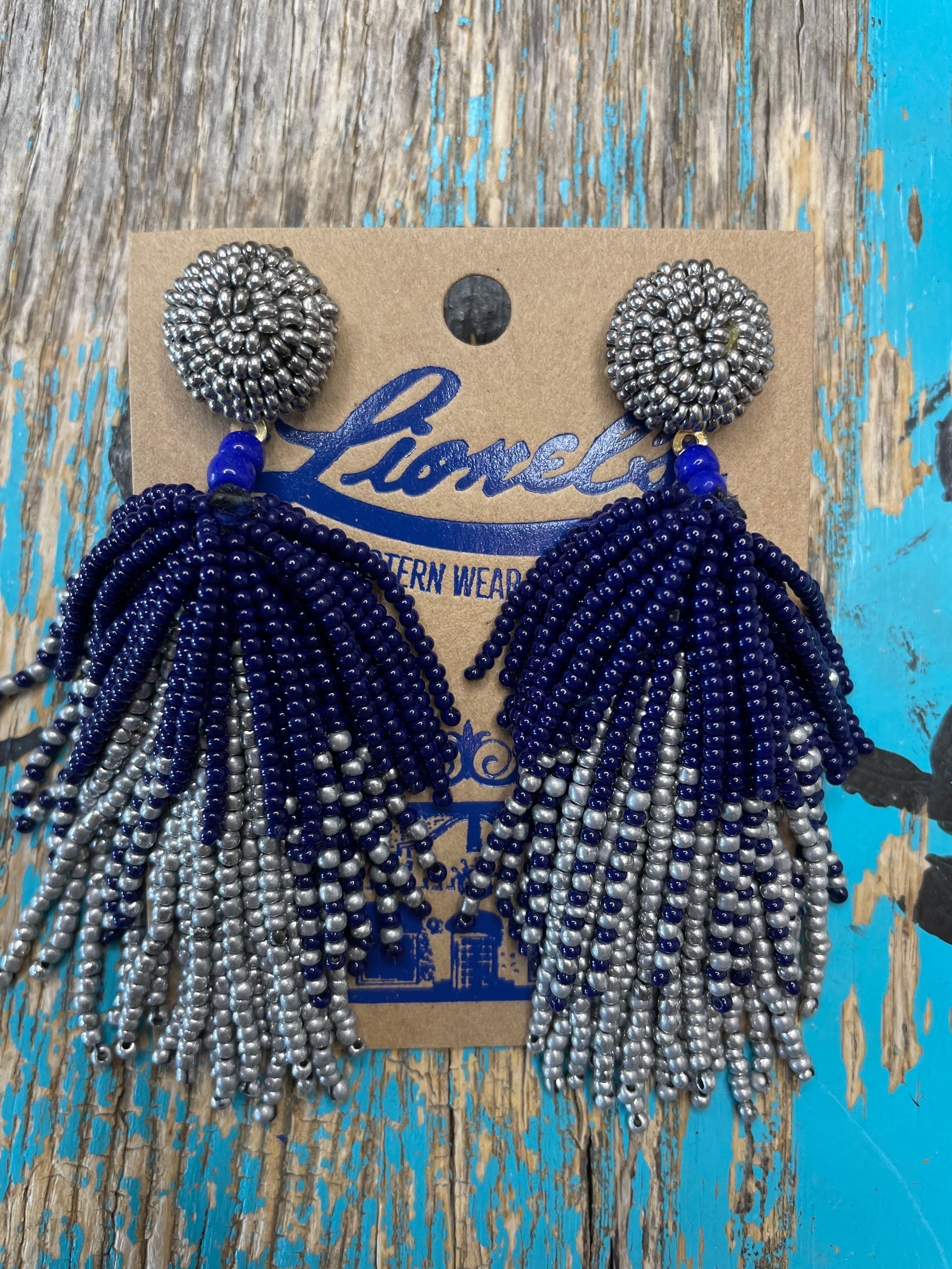 Dallas Cowboys Silver & Navy Beaded Tassel Earrings