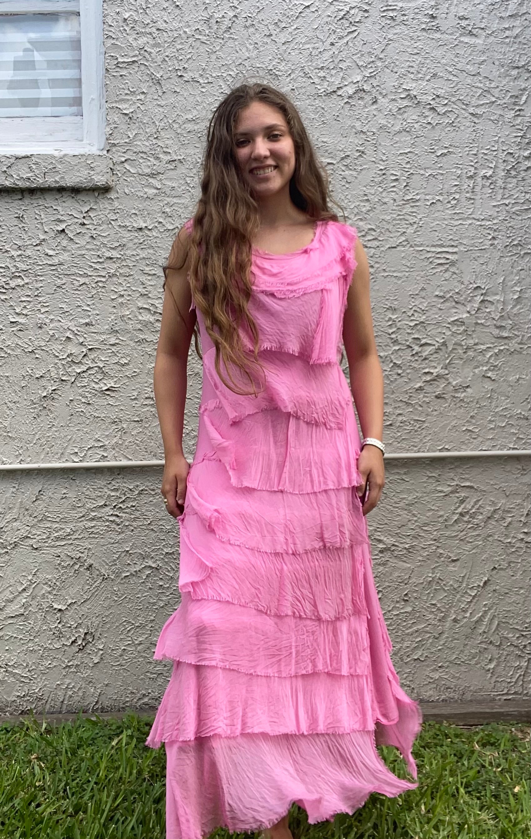 Hot Pink Silk Ankle Length Ruffle Dress