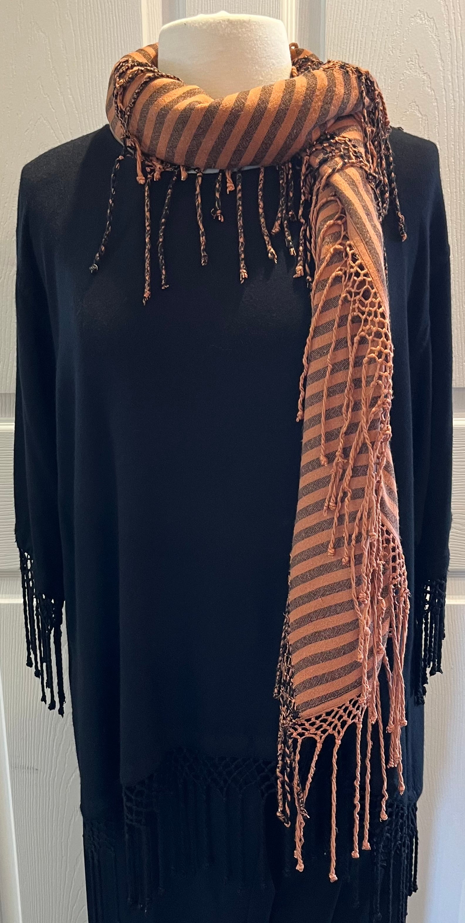 Terra Cotta Striped Fringed Poncho