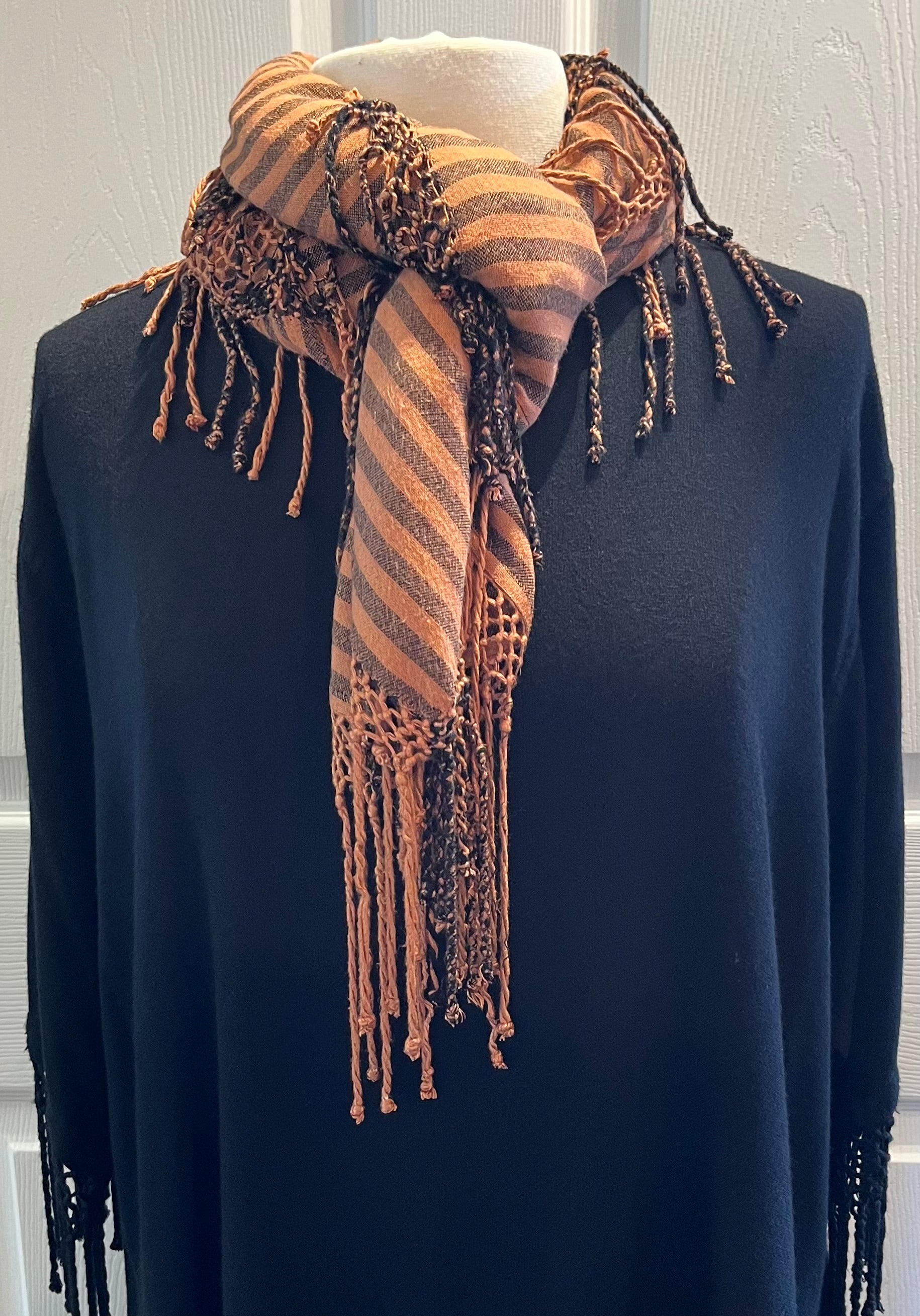 Terra Cotta Striped Fringed Poncho