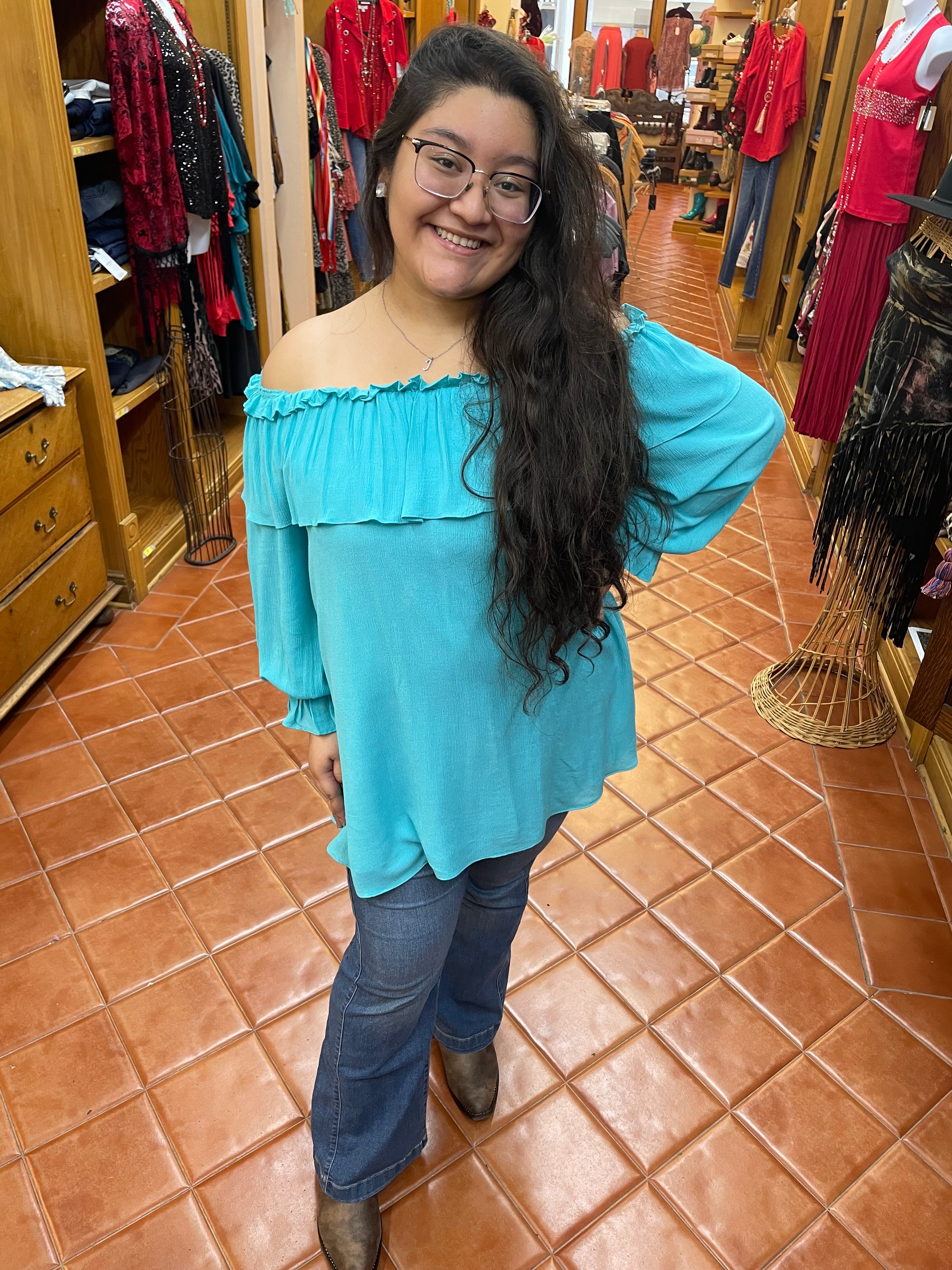 turquoise peasant blouse