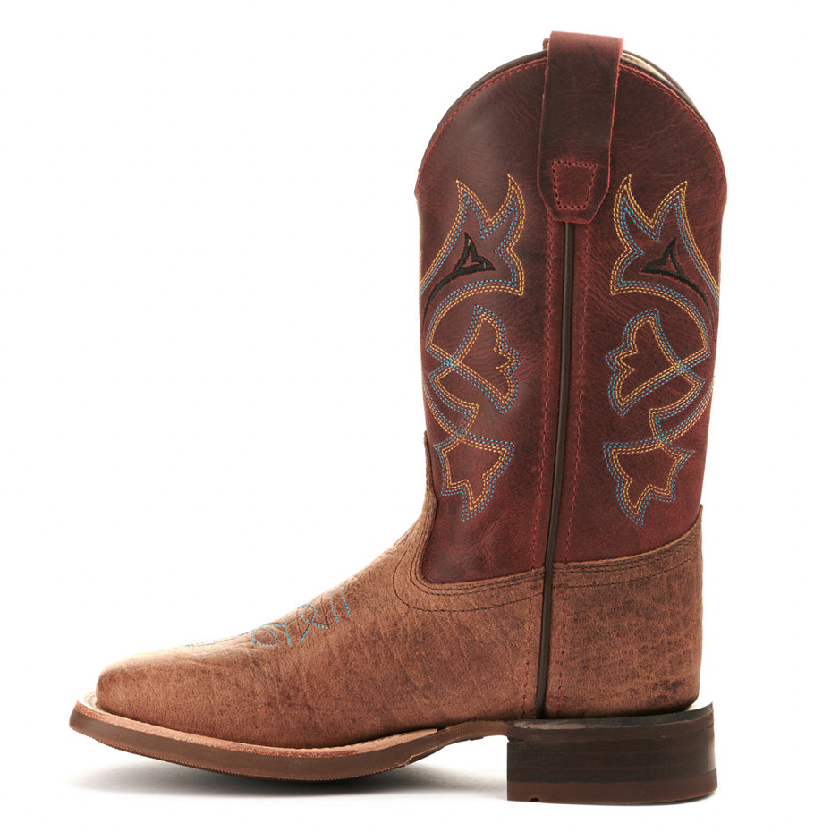 Old West Infants' Brown Bull Hide Print and Burnt Red Wide Square Toe Western Boot