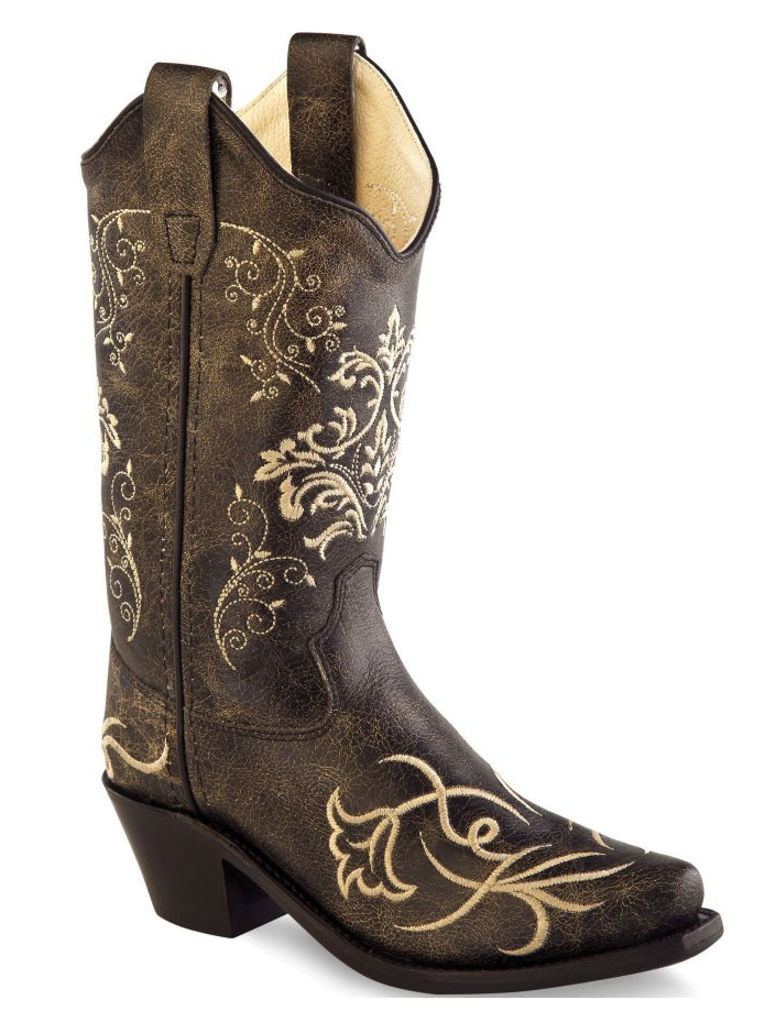 Old West Brown Youth Girls Leather 8in Floral Cowboy Boots