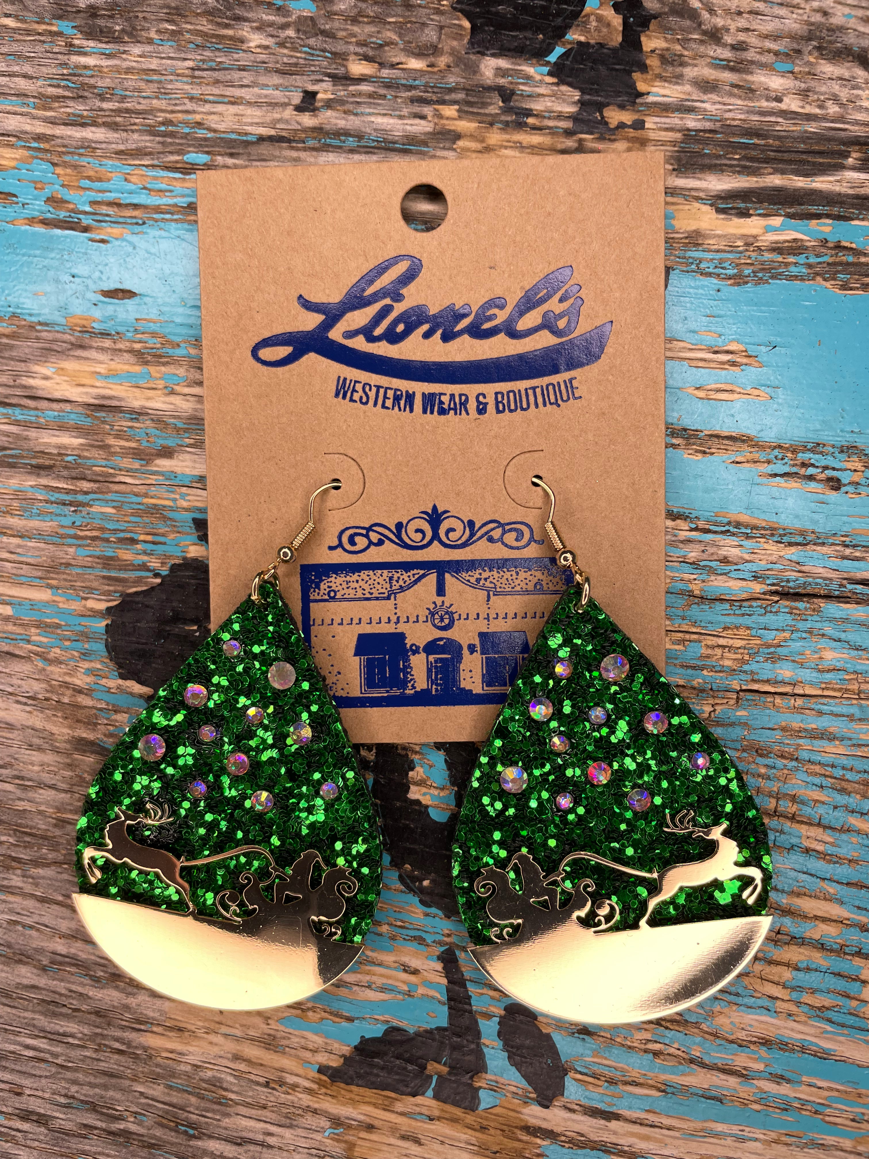 Green Santa's Sleigh & Reindeer Earrings