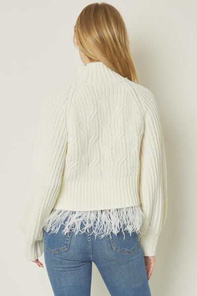 Cream Mock Cowl Neck Sweater w/ Feather Trim